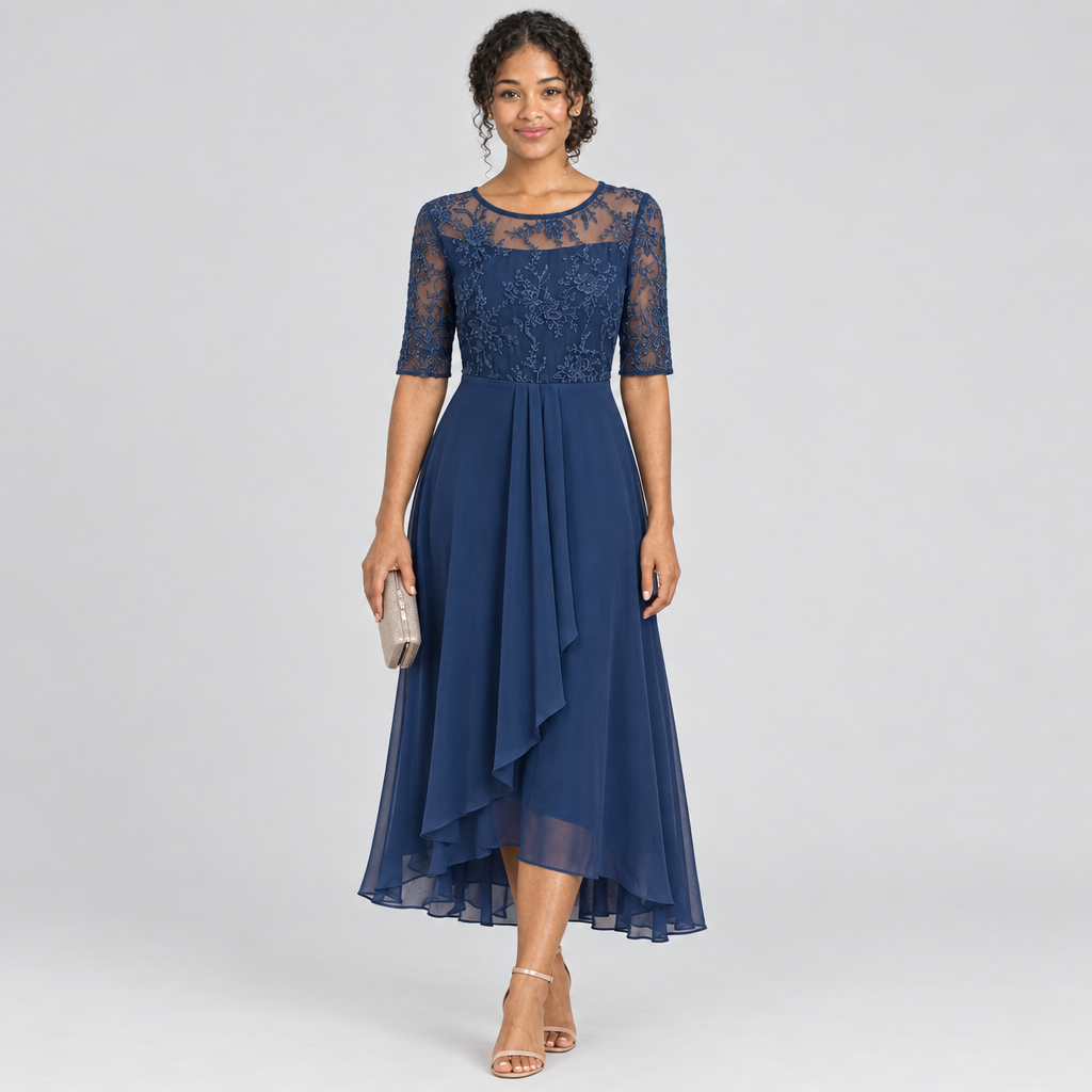 Navy blue lace bodice midi dress front view with half sleeves and clutch