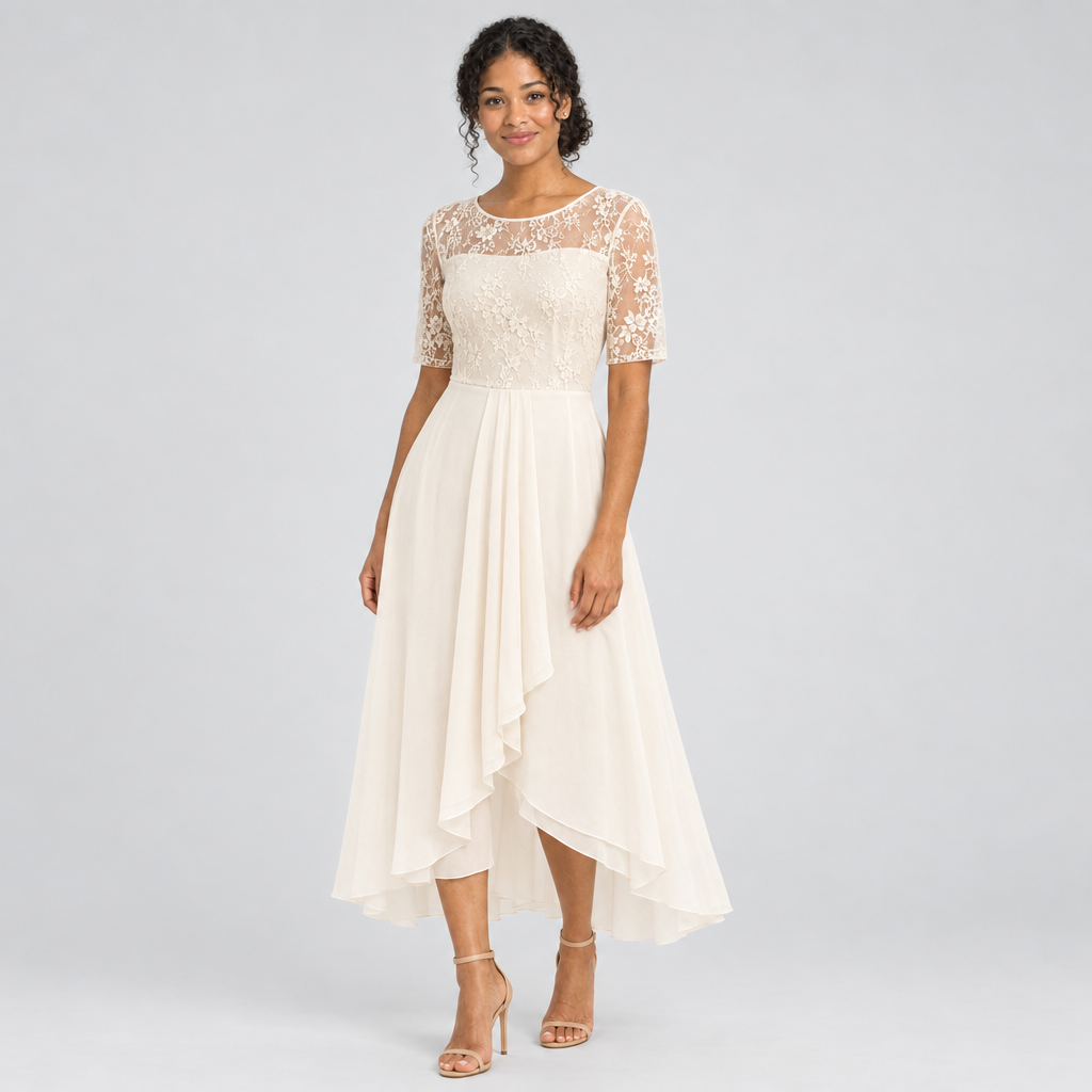 Ivory lace bodice midi dress three-quarter view, layered asymmetric hem