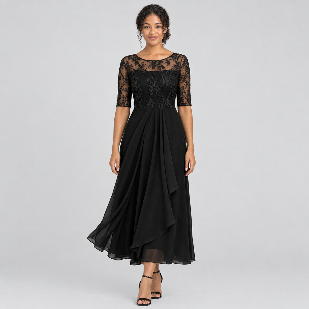 Black lace bodice midi dress front view with sheer half sleeves