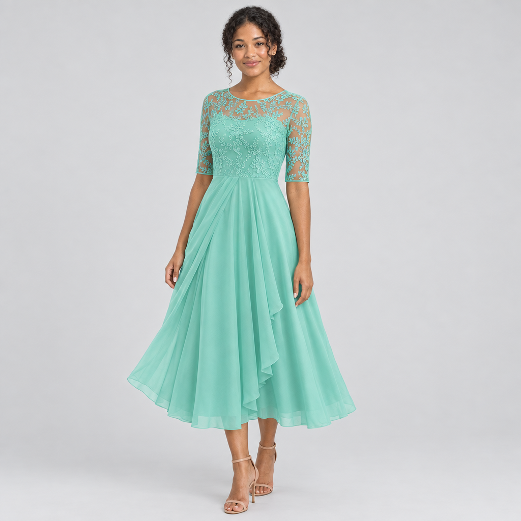 Light green lace bodice midi dress three-quarter view, half lace sleeves