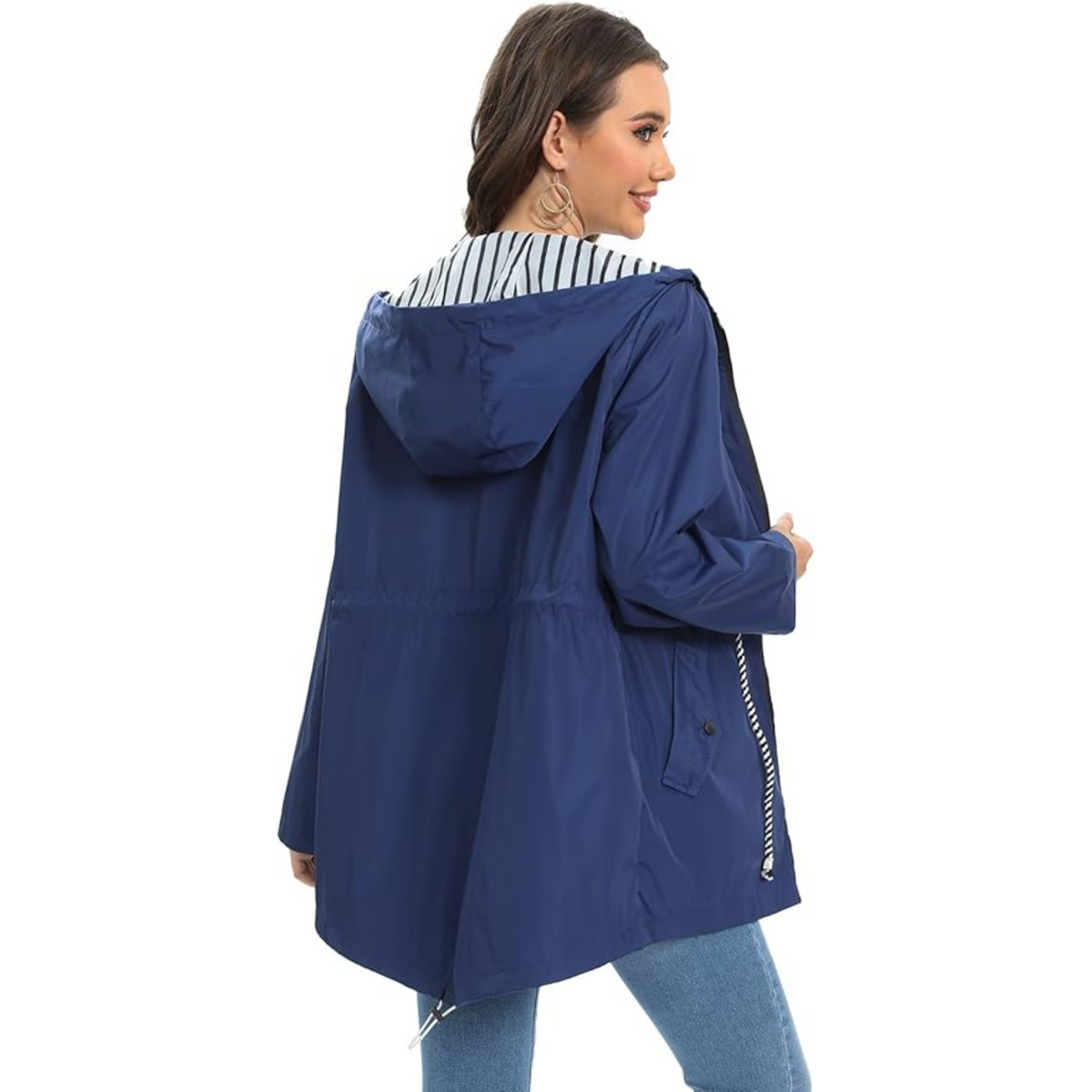 Women’s navy zip-up hooded long jacket with striped hood lining, rear view