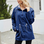 Women’s longline zip-up hooded jacket in navy blue with drawstring waist