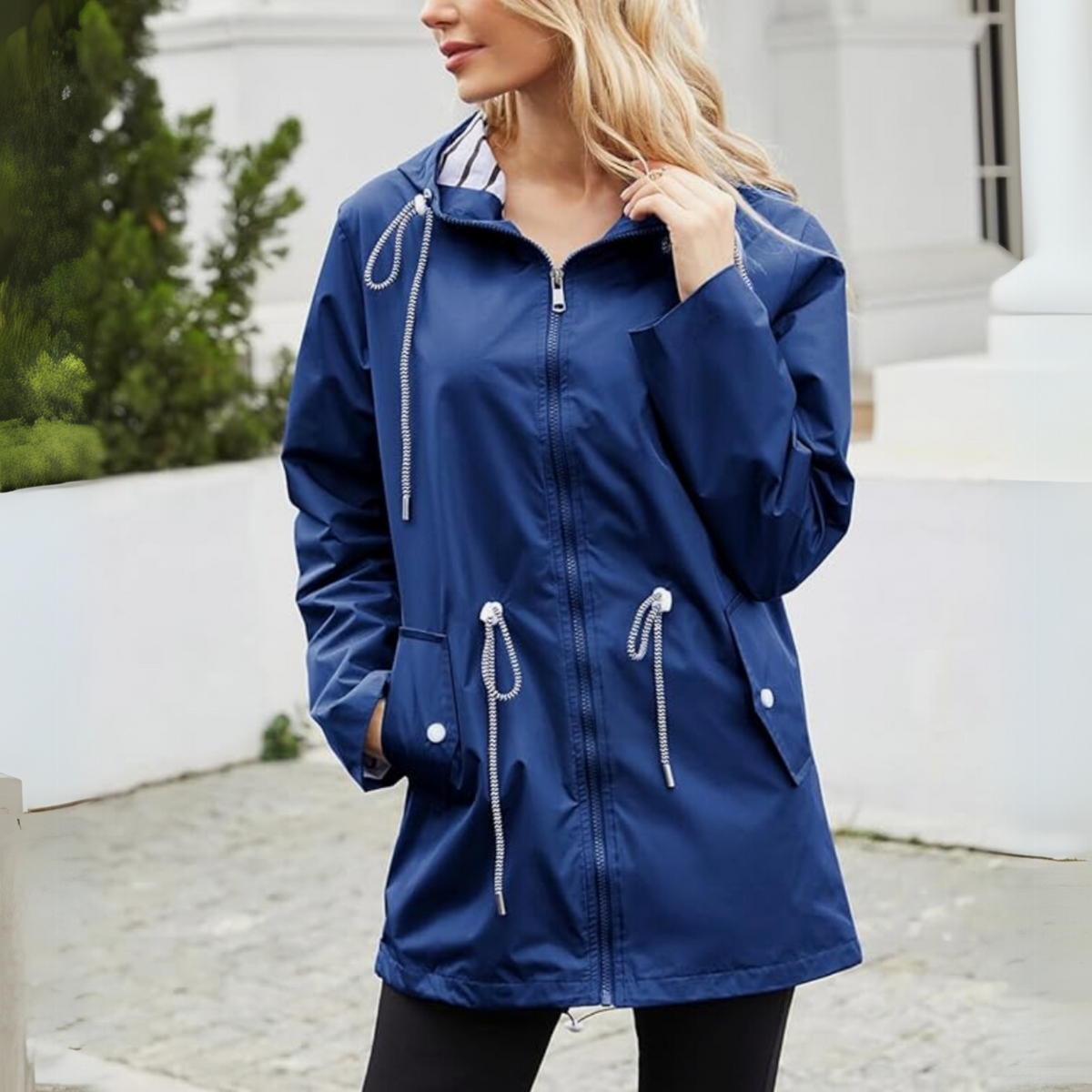 Women’s longline zip-up hooded jacket in navy blue with drawstring waist