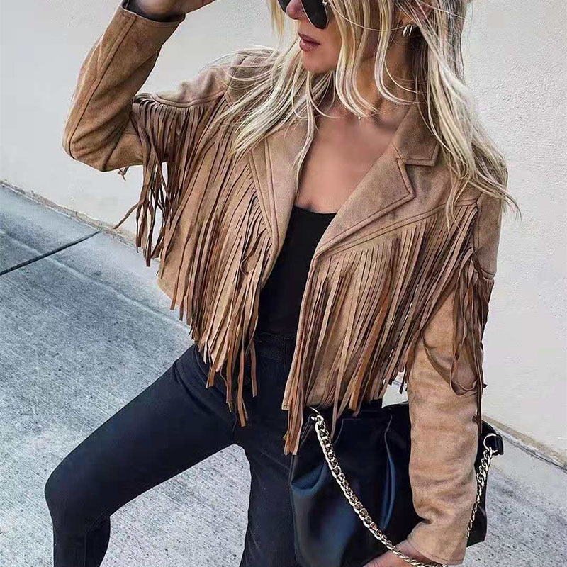 Brown faux suede fringe cropped jacket with notched collar and long tassels