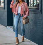 Pink faux suede fringe cropped jacket with notched collar and shoulder tassels