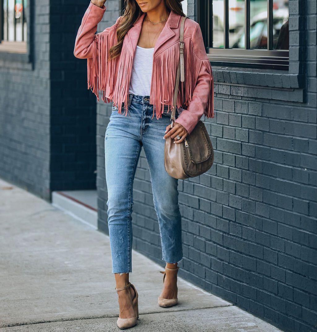 Pink faux suede fringe cropped jacket with notched collar and shoulder tassels