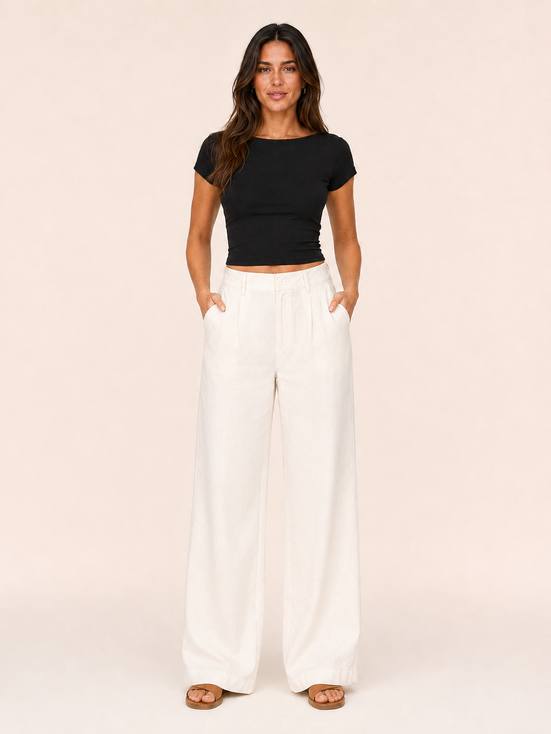 Black short-sleeve crop top with round neckline and smooth, fitted shape