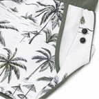 Palm-print full-coverage swim shorts with green side panels and adjustable buttons
