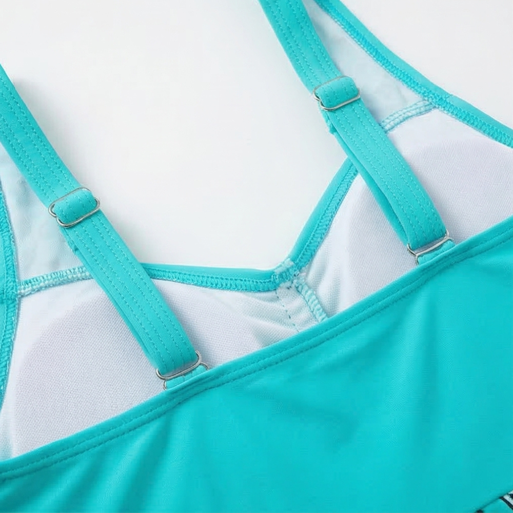 Turquoise swim dress tankini back with adjustable straps and tie front