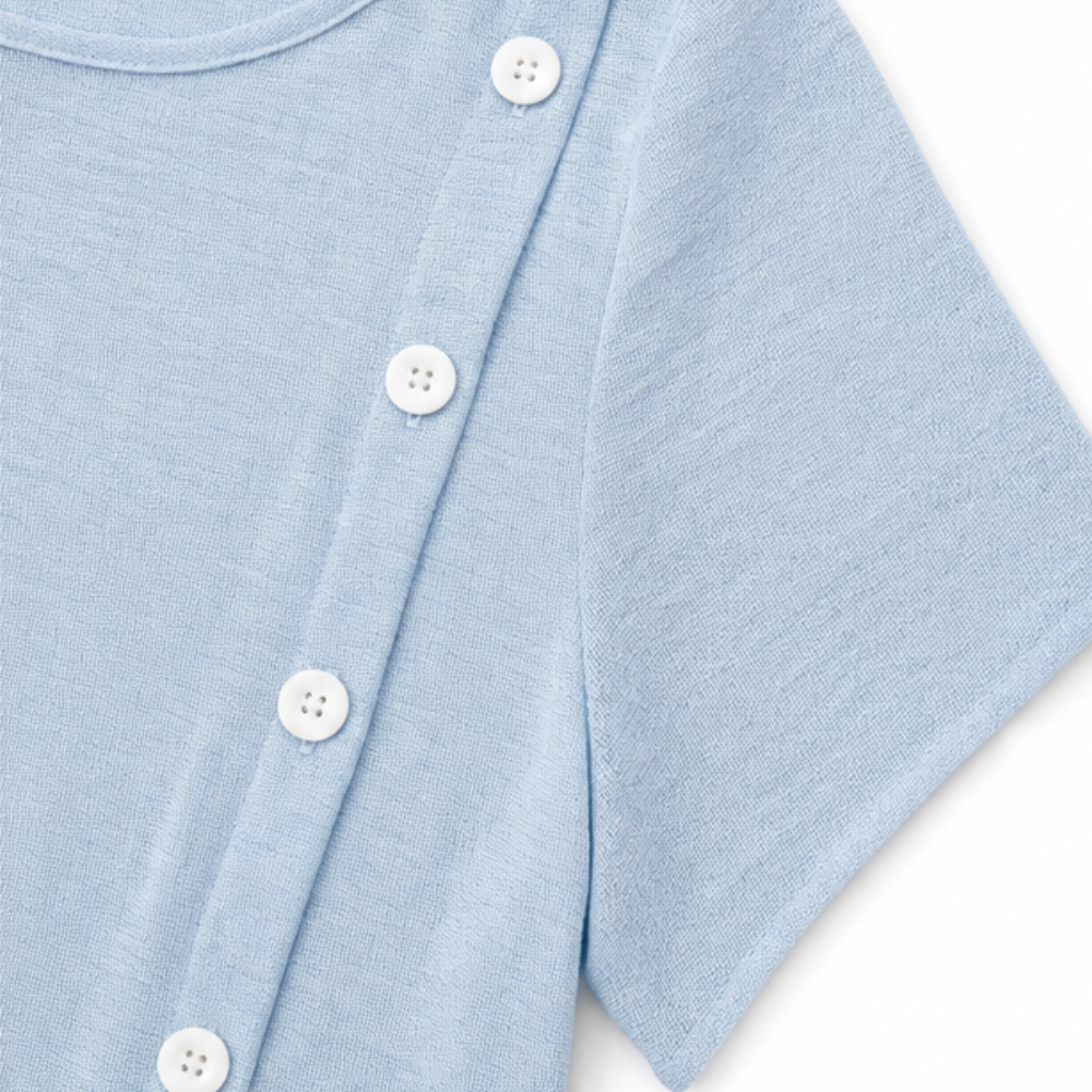 Powder blue button front midi dress with short sleeves and buttoned placket