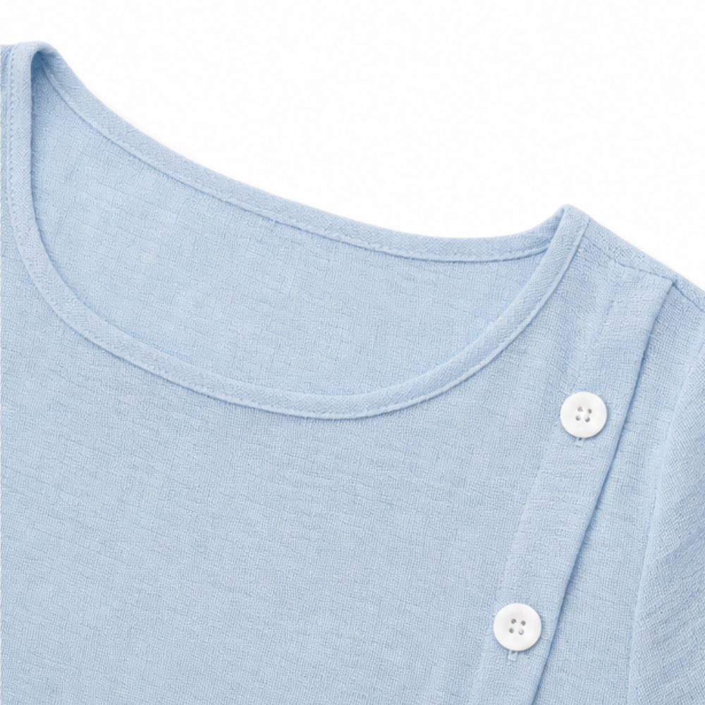 Powder blue crew-neck midi dress with round buttons at the front