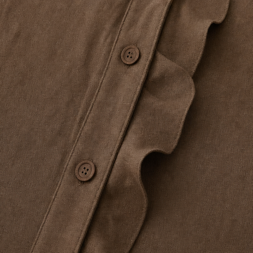 Chocolate-brown sleeveless blouse front placket with buttons and ruffle edge