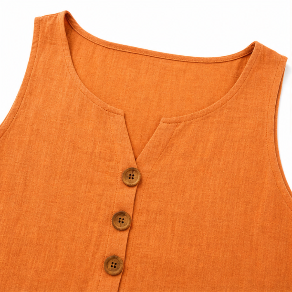 Sleeveless button-front linen-look top, orange with three front buttons
