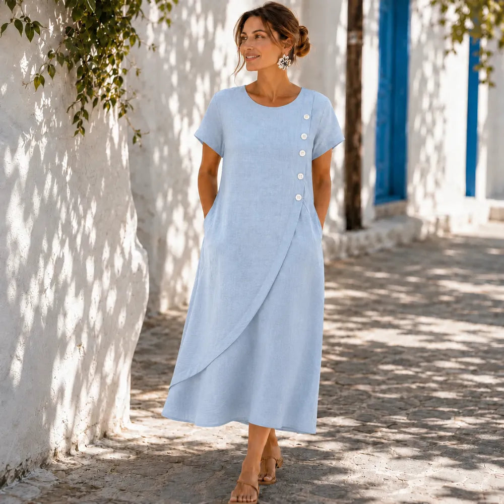 Powder blue asymmetric button midi dress with short sleeves and button placket