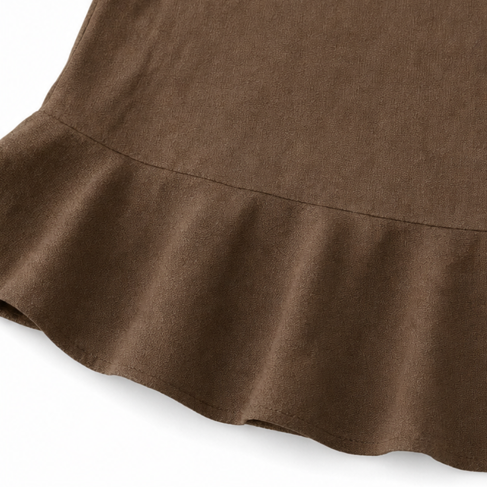 Chocolate-brown peplum hem with layered ruffle flare