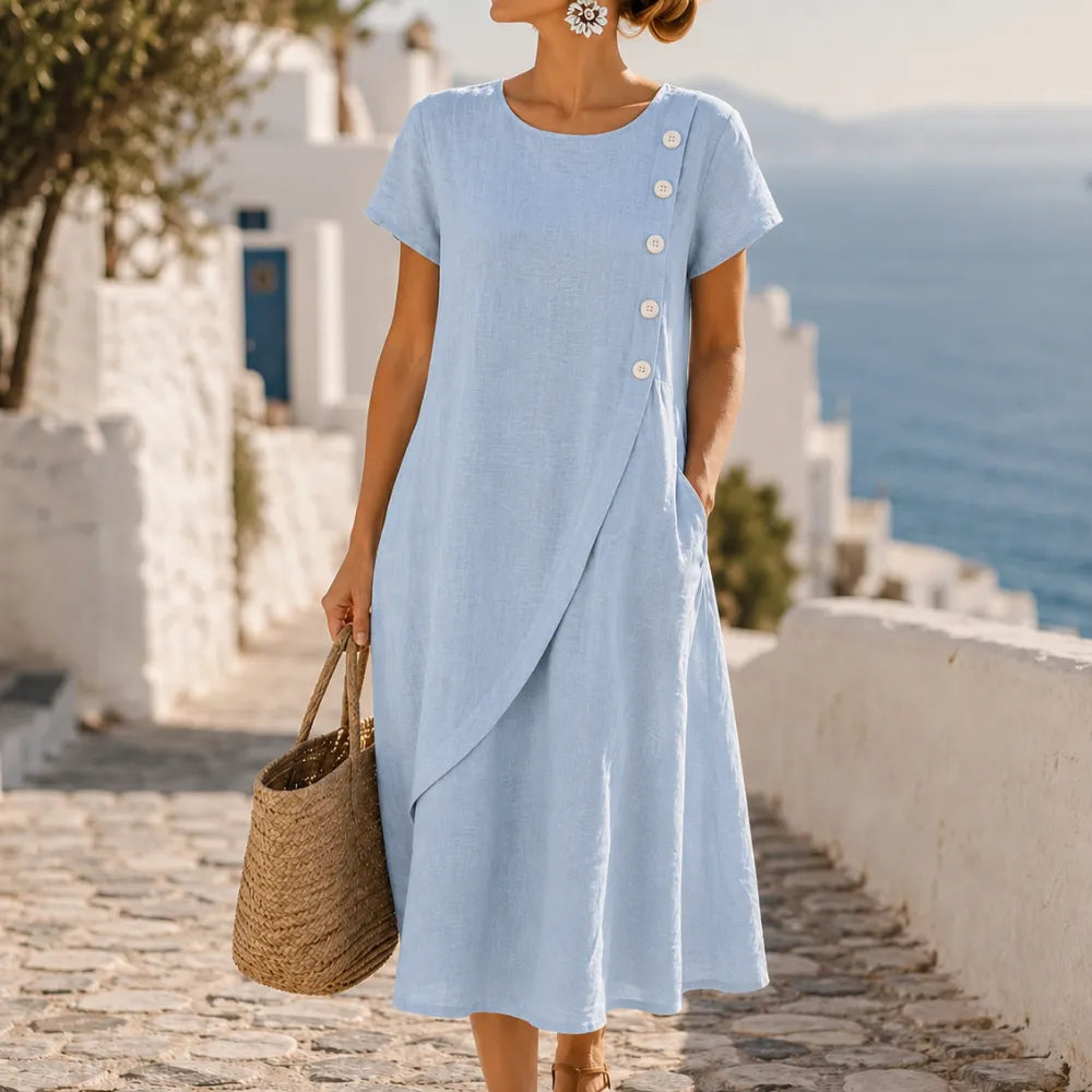 Powder blue asymmetric button midi dress with short sleeves and side pockets