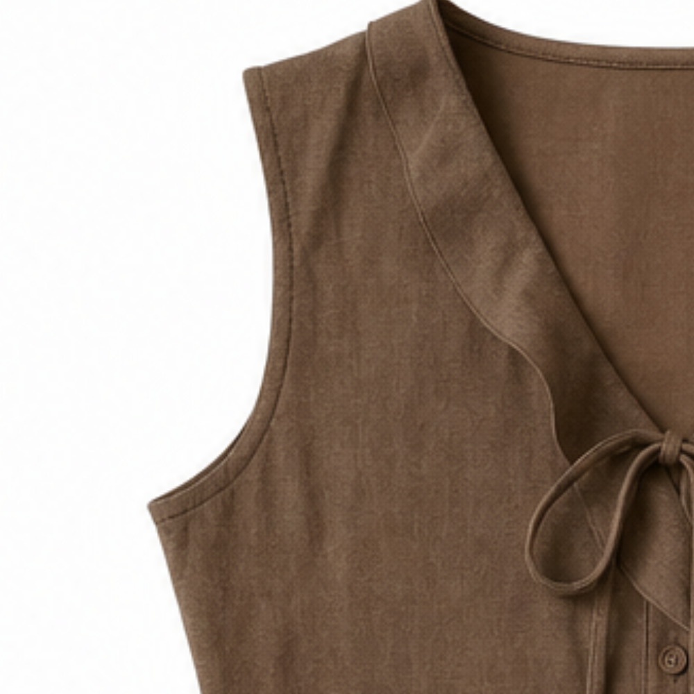 Brown sleeveless blouse neckline with ruffle trim and tied bow detail