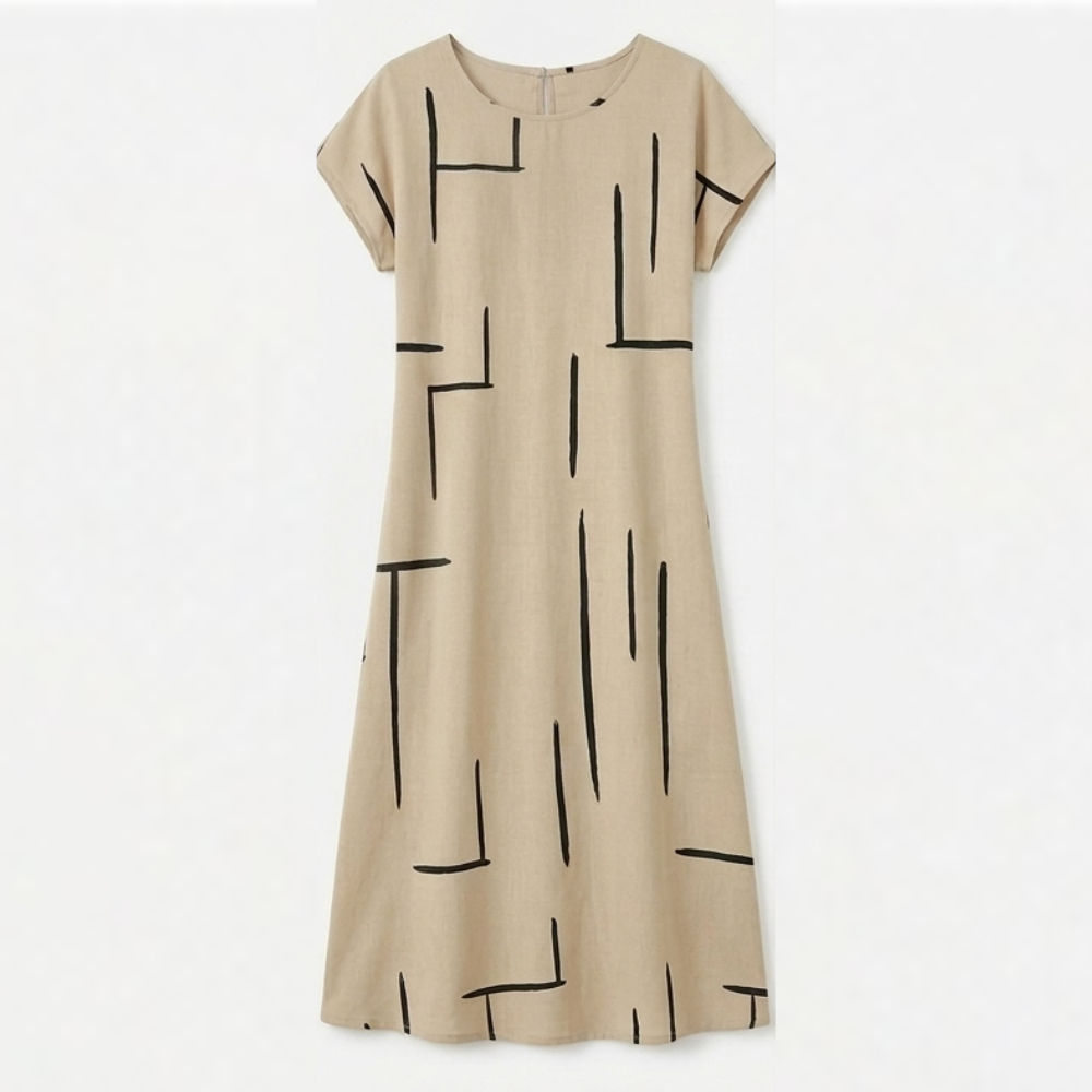 Beige women's shift dress with black abstract line print and short sleeves