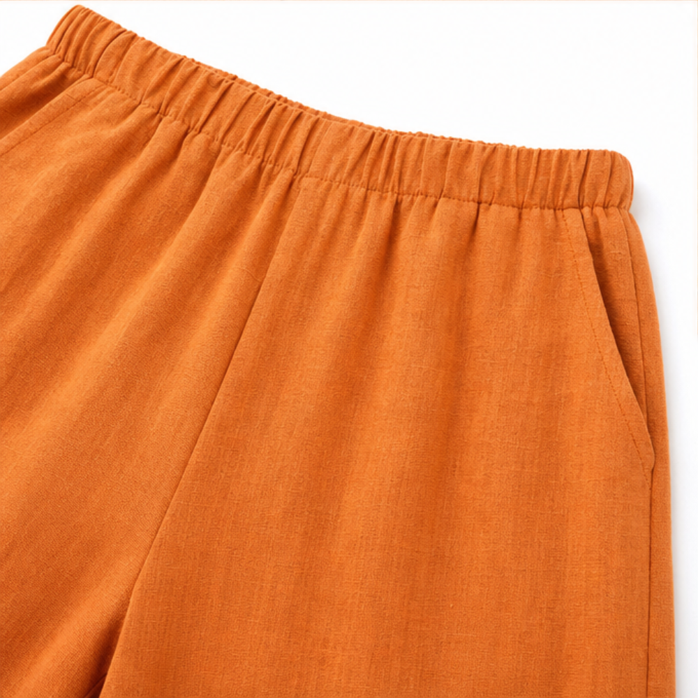 Orange linen-look relaxed shorts with elastic waistband