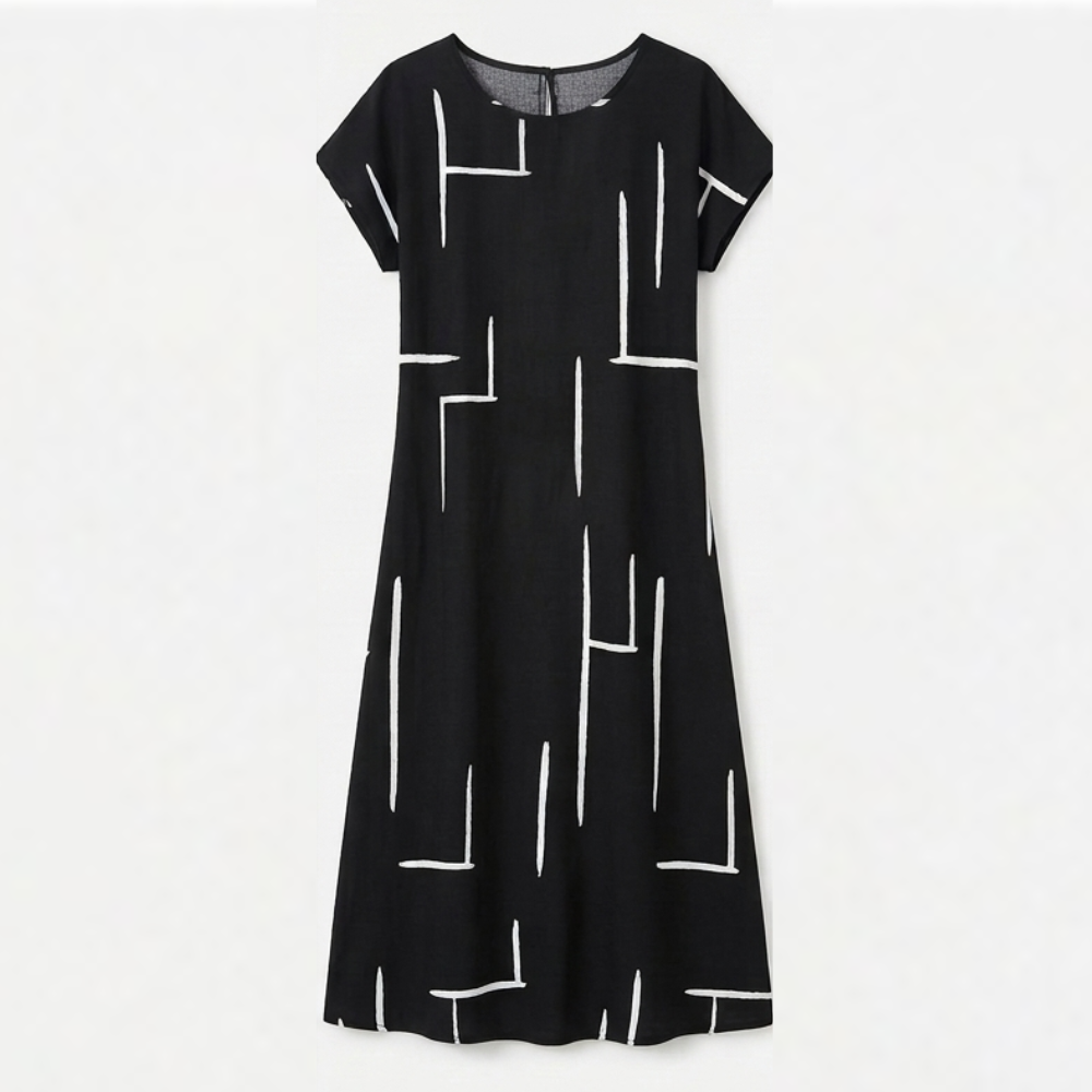 Women's black abstract-print shift dress, short sleeves, crew neck