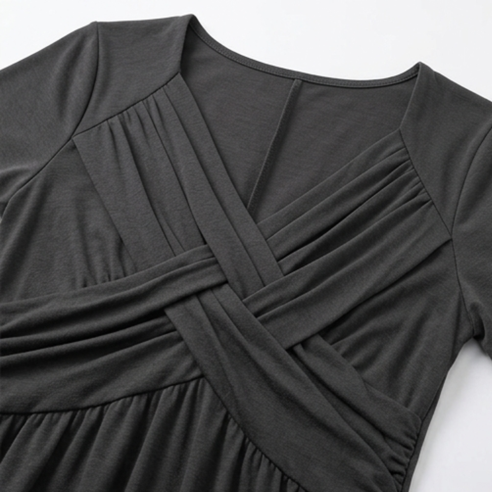 Crossover V-neck detail on heather grey midi dress with ruched empire waist