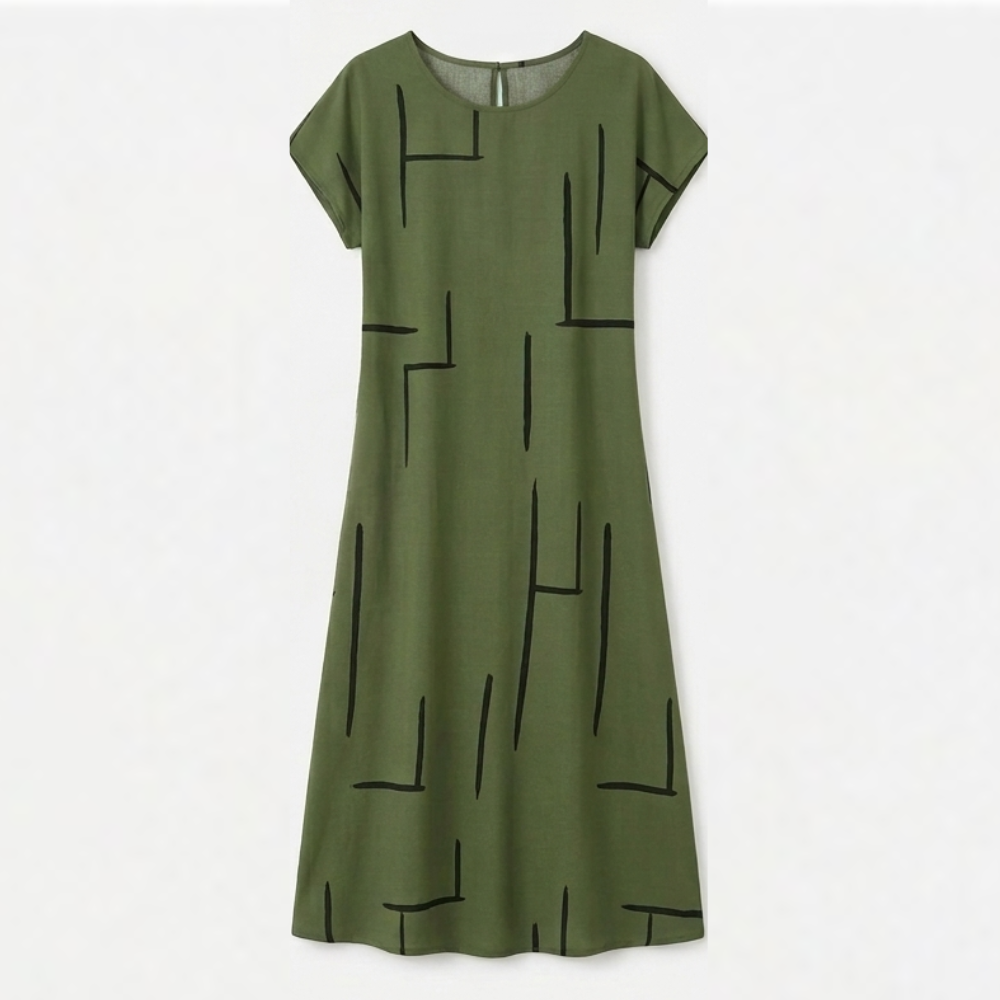 Women's green abstract-print shift dress, short sleeves, crew neck