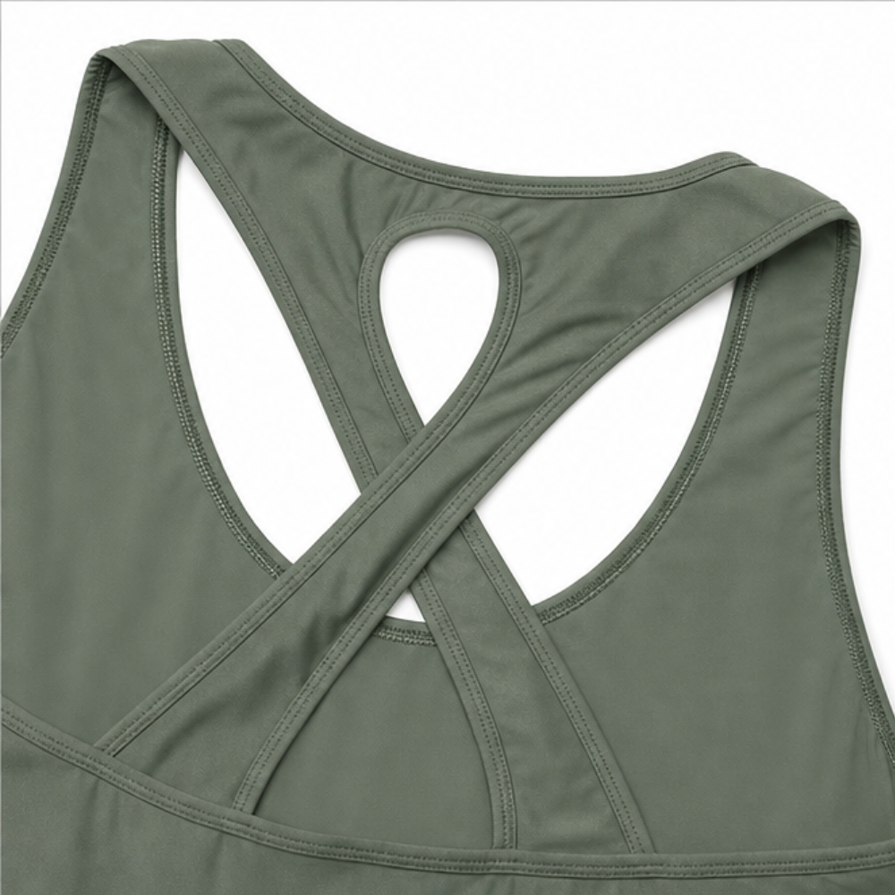 Green swim tank back with crisscross straps and keyhole cutout