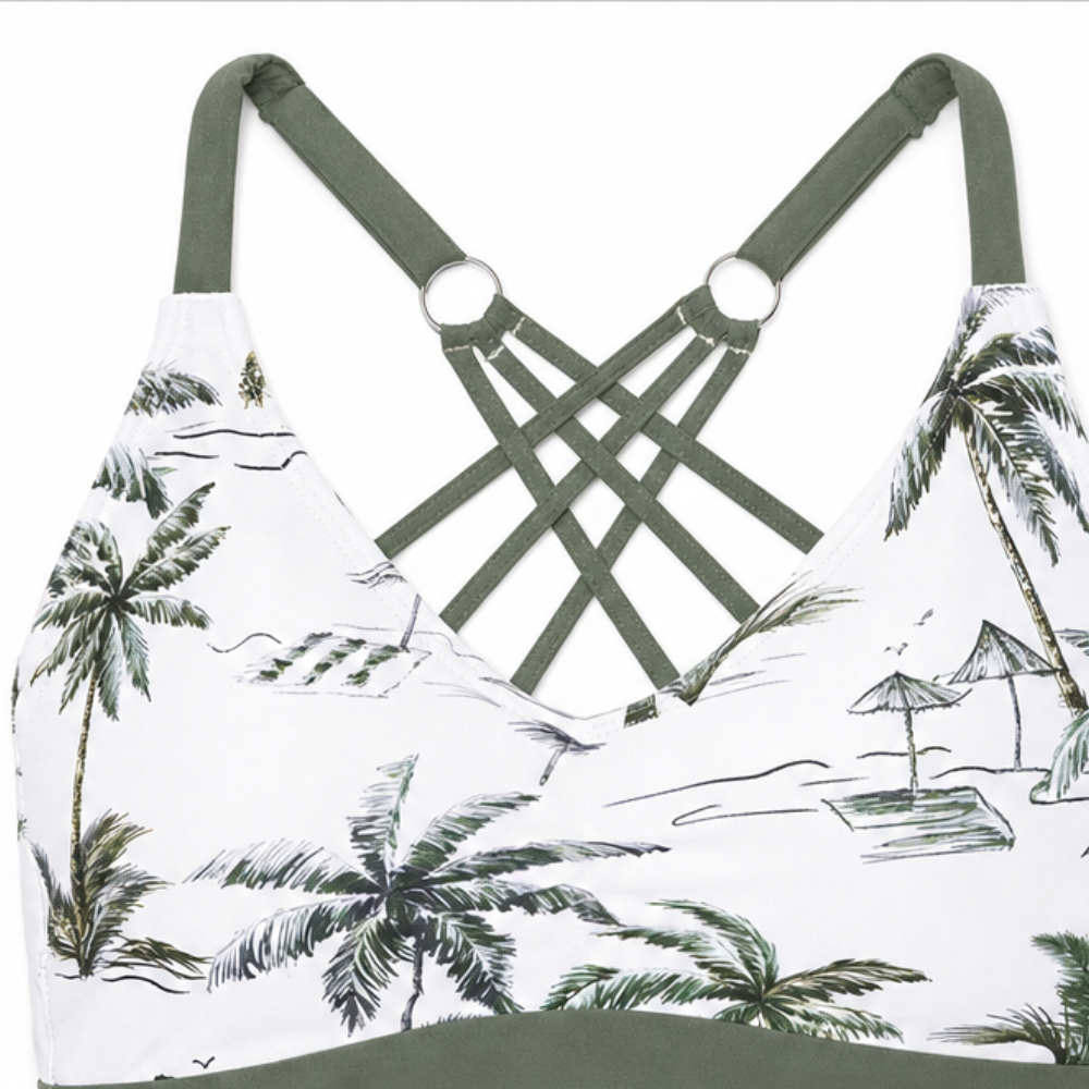Green-strapped bikini-style top with white palm print and crossed back detail