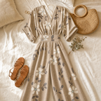Women’s cream floral V-neck jumpsuit with gathered sleeves and cinched waist