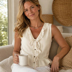 Cream sleeveless ruffle V-neck peplum blouse with bow tie and button placket
