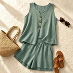 Linen-look 2-piece set with button sleeveless top and relaxed shorts, teal green (flat lay)