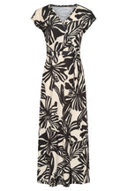 Black and off-white leaf print maxi dress with V-neck and waist tie, short sleeves