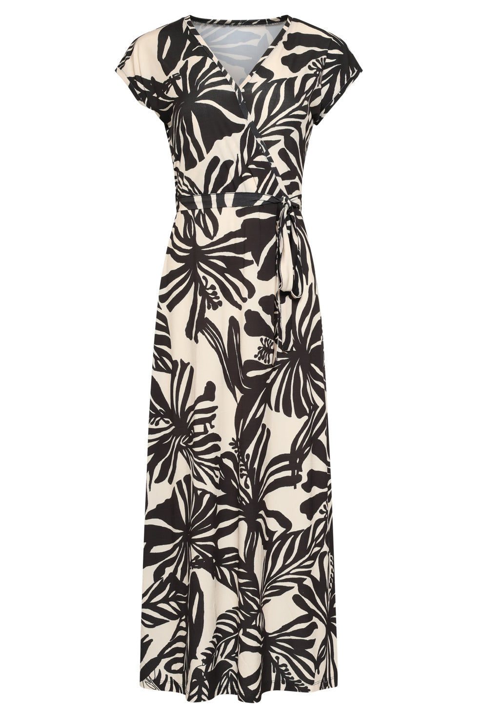 Black and off-white leaf print maxi dress with V-neck and waist tie, short sleeves