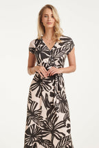 Women's black maxi dress with off-white leaf print, wrap V-neck and short puff sleeves