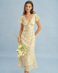 Women's pale yellow lace floral A-line dress, V-neck with lace trim and tie front, cap sleeves