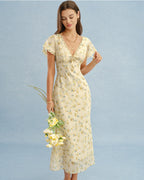 Women's pale yellow lace floral A-line dress with V-neck, cap sleeves, midi length