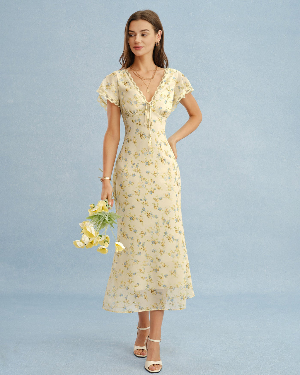 Women's pale yellow floral lace A-line dress, V-neck and lace-trim cap sleeves, midi length