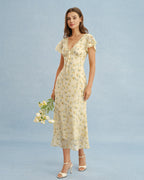 Women's pale yellow lace floral A-line dress, V-neck with tie front, short lace-trim sleeves