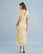 Women's pale yellow lace floral A-line dress with V-back, cap sleeves, midi length