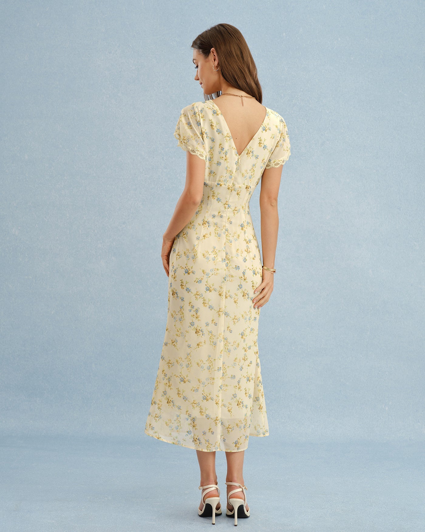 Women's pale yellow lace floral A-line dress with V-back, cap sleeves, midi length