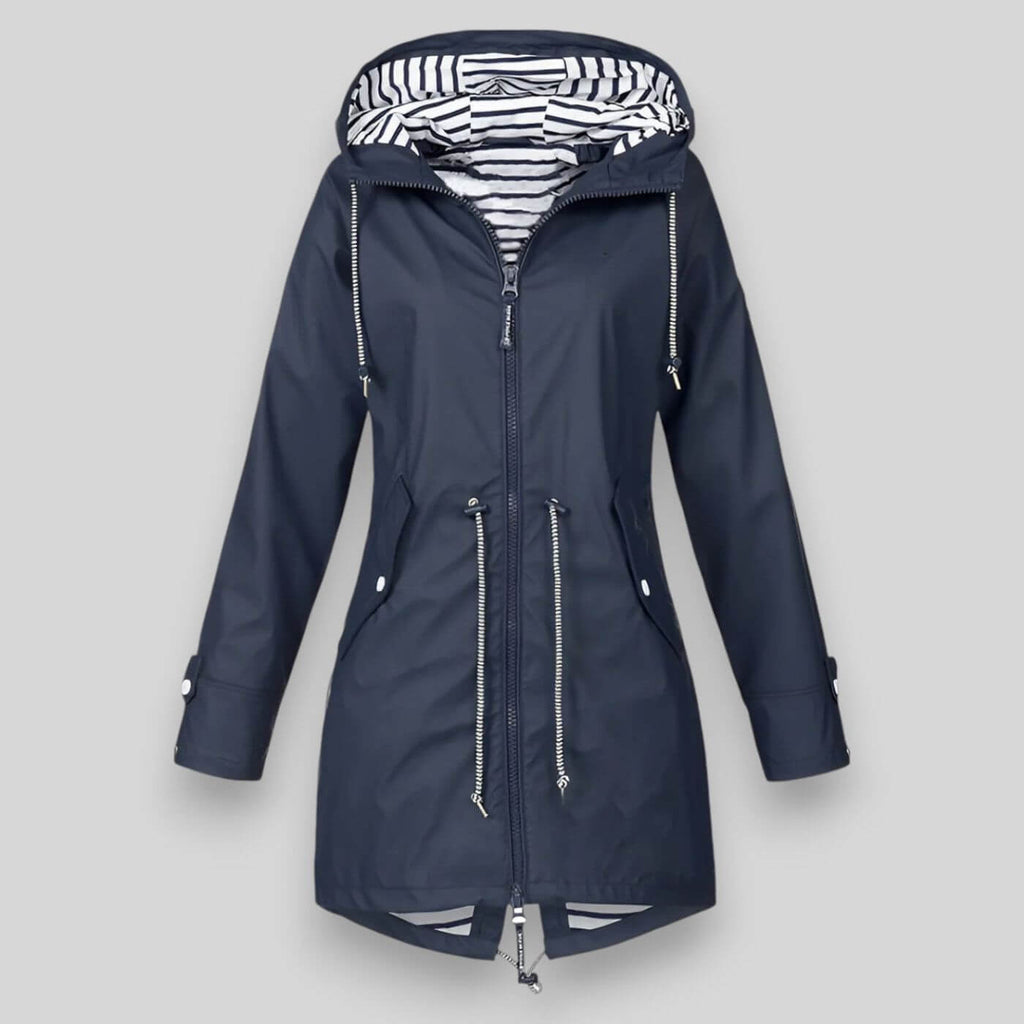 Navy longline zip-up hooded parka with striped hood lining and drawcord hem