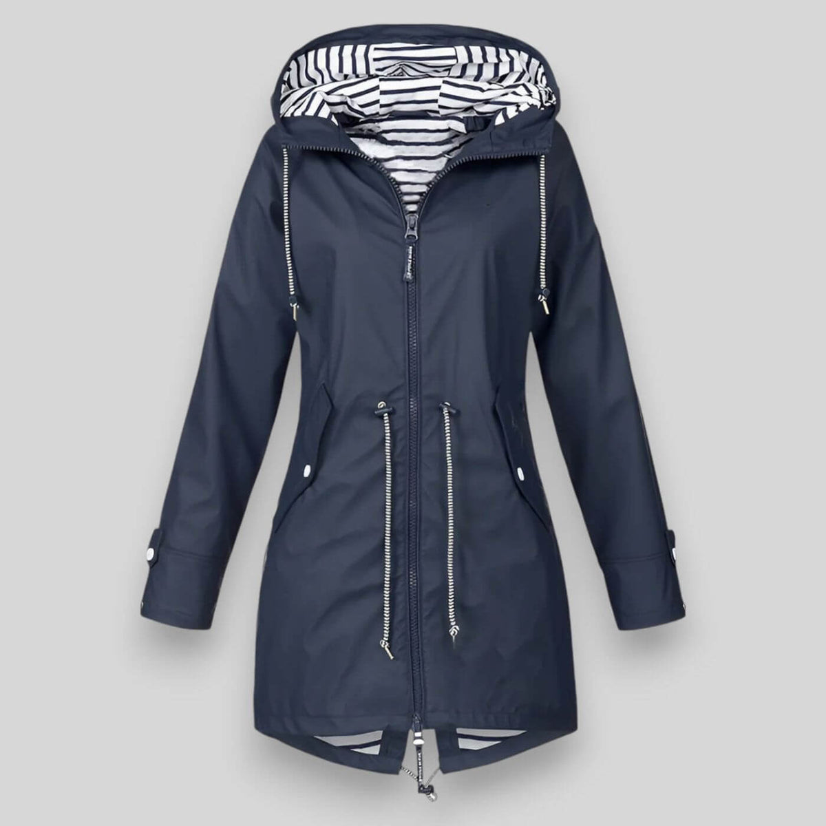 Navy longline zip-up hooded parka with striped hood lining and drawcord hem
