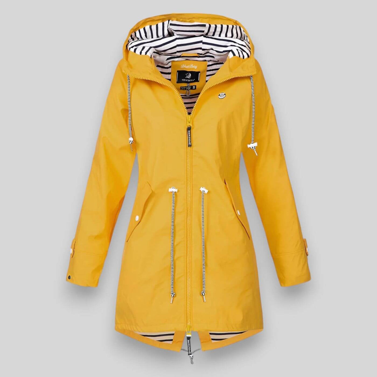 Yellow longline zip-up hooded jacket with striped hood lining and drawstring waist