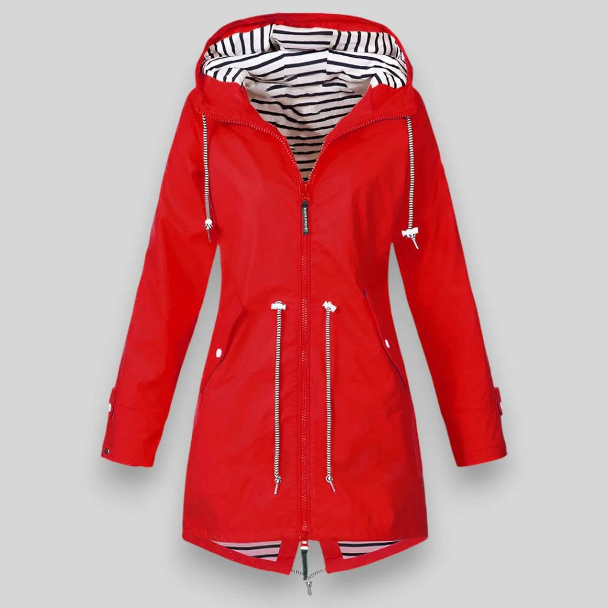 Red longline zip-up hooded jacket with striped hood lining and drawstring waist