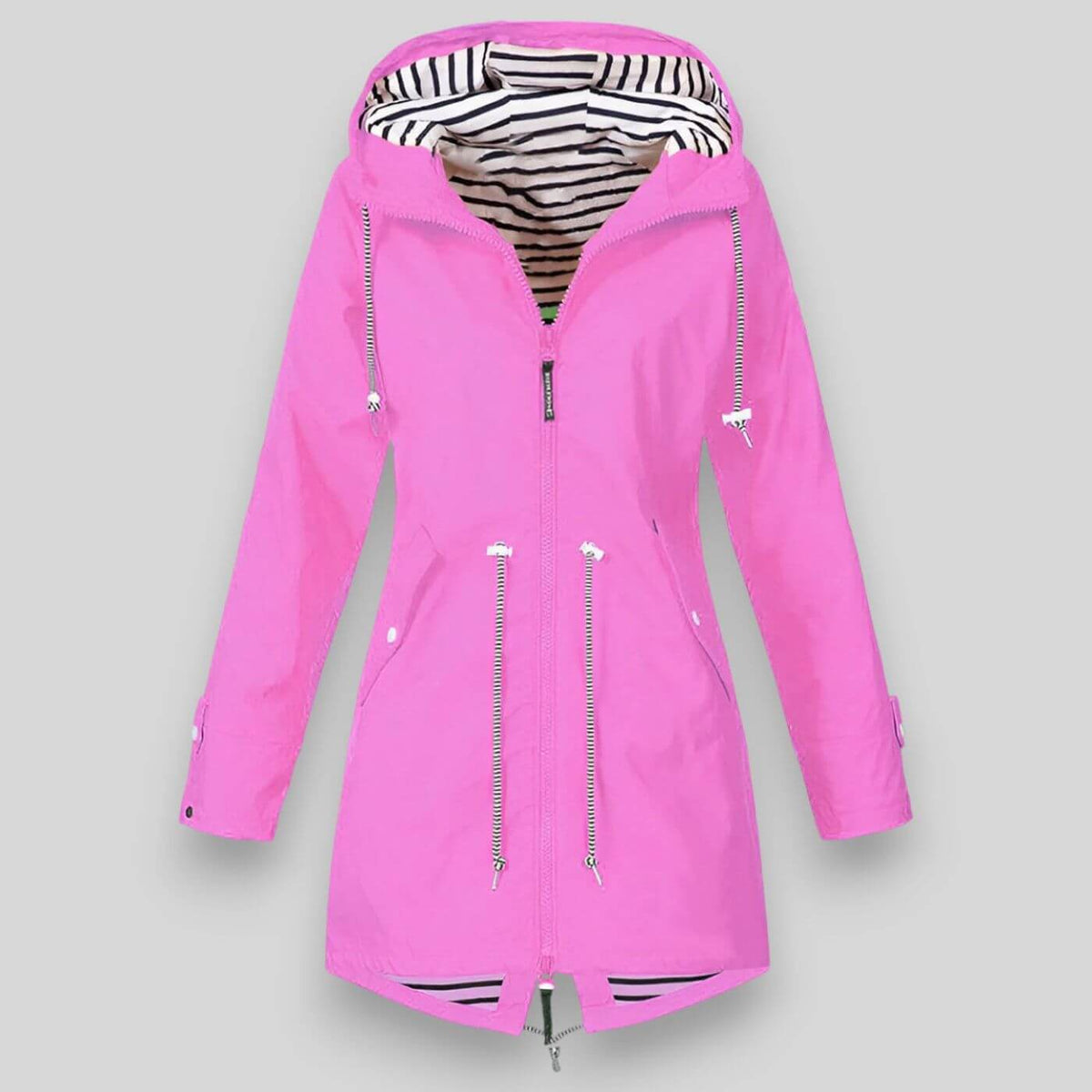 Pink longline zip-up hooded jacket with striped hood lining and drawstring waist