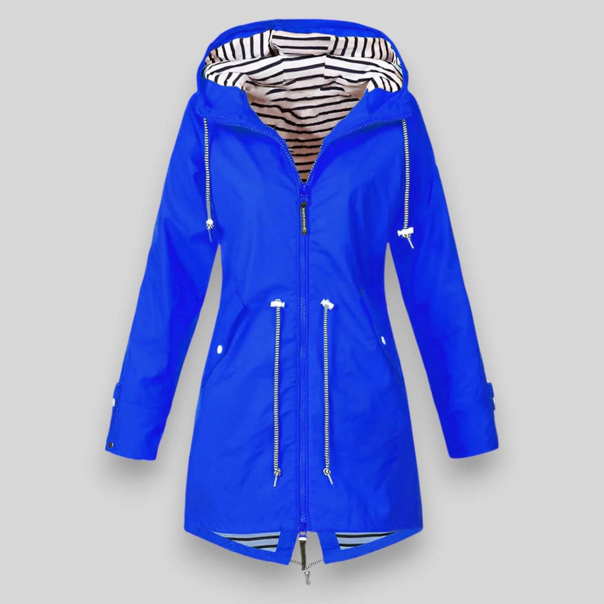 Blue longline zip-up hooded jacket with striped hood lining and drawstring waist
