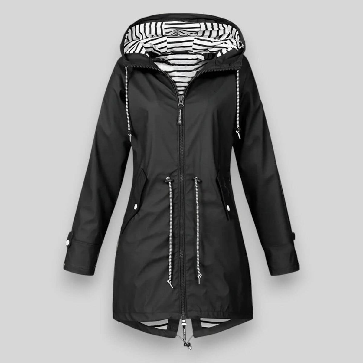 Black longline zip-up hooded jacket with striped hood lining and drawstring waist