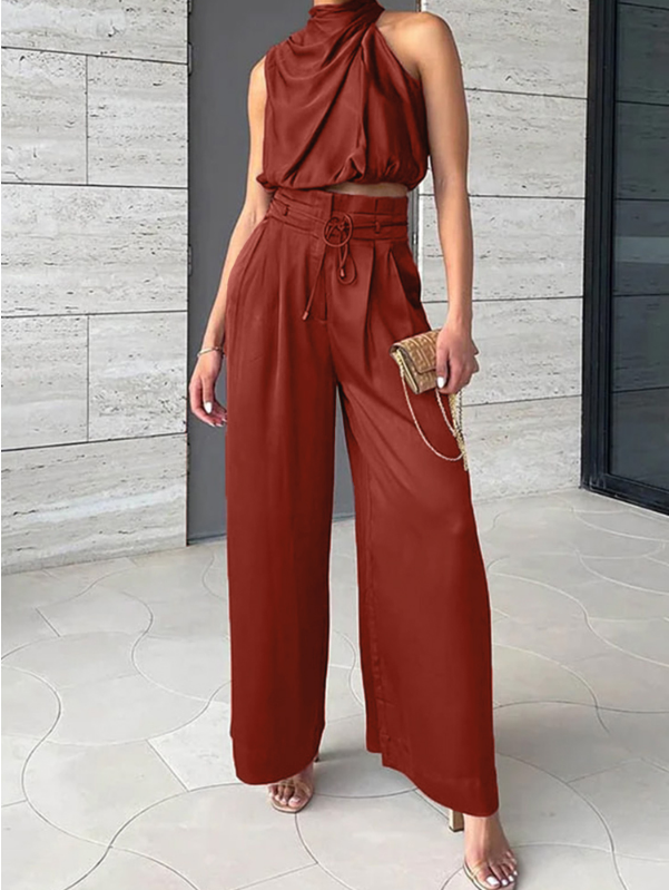 Women’s rust-red co-ord set with halter sleeveless top and high-waist wide-leg trousers