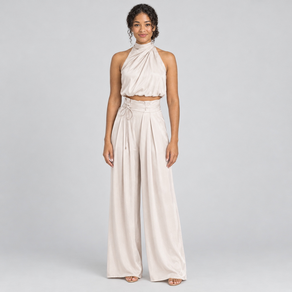 Champagne satin halter crop top and wide-leg trousers co-ord on model, front view