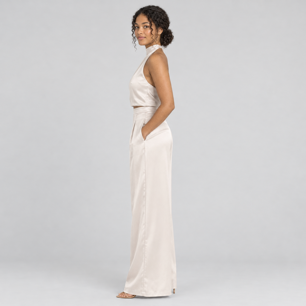Champagne satin co-ord side profile with halter top and floor-length trousers